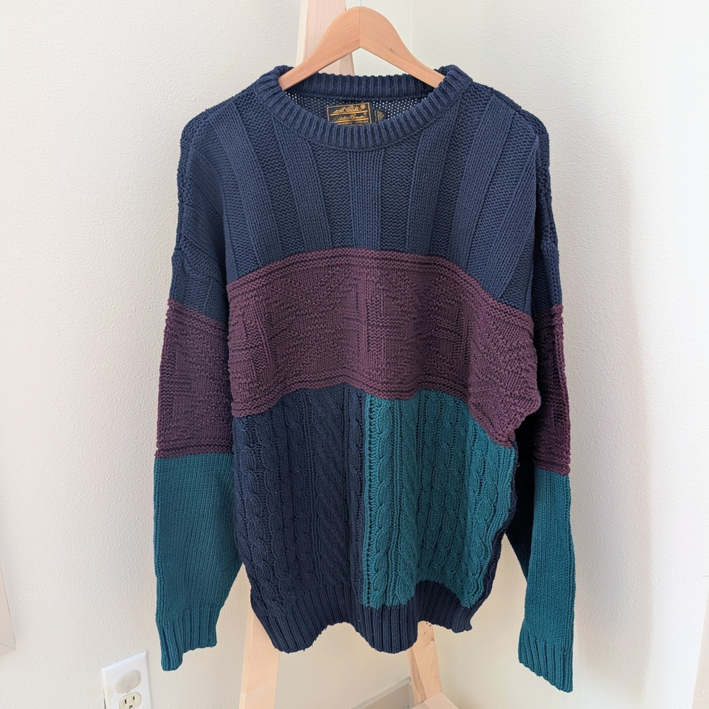 Vintage Eddie Bauer Chunky Colorblock Cable Knit Crewneck Sweater In Navy Blue - Picture 4 of 9